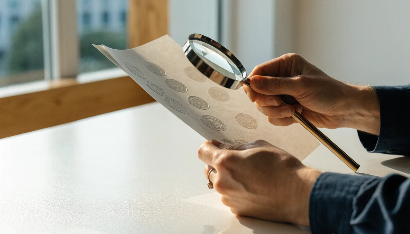 Kädet pitävät lisenssitodistusta ja suurennuslasia pöydällä
